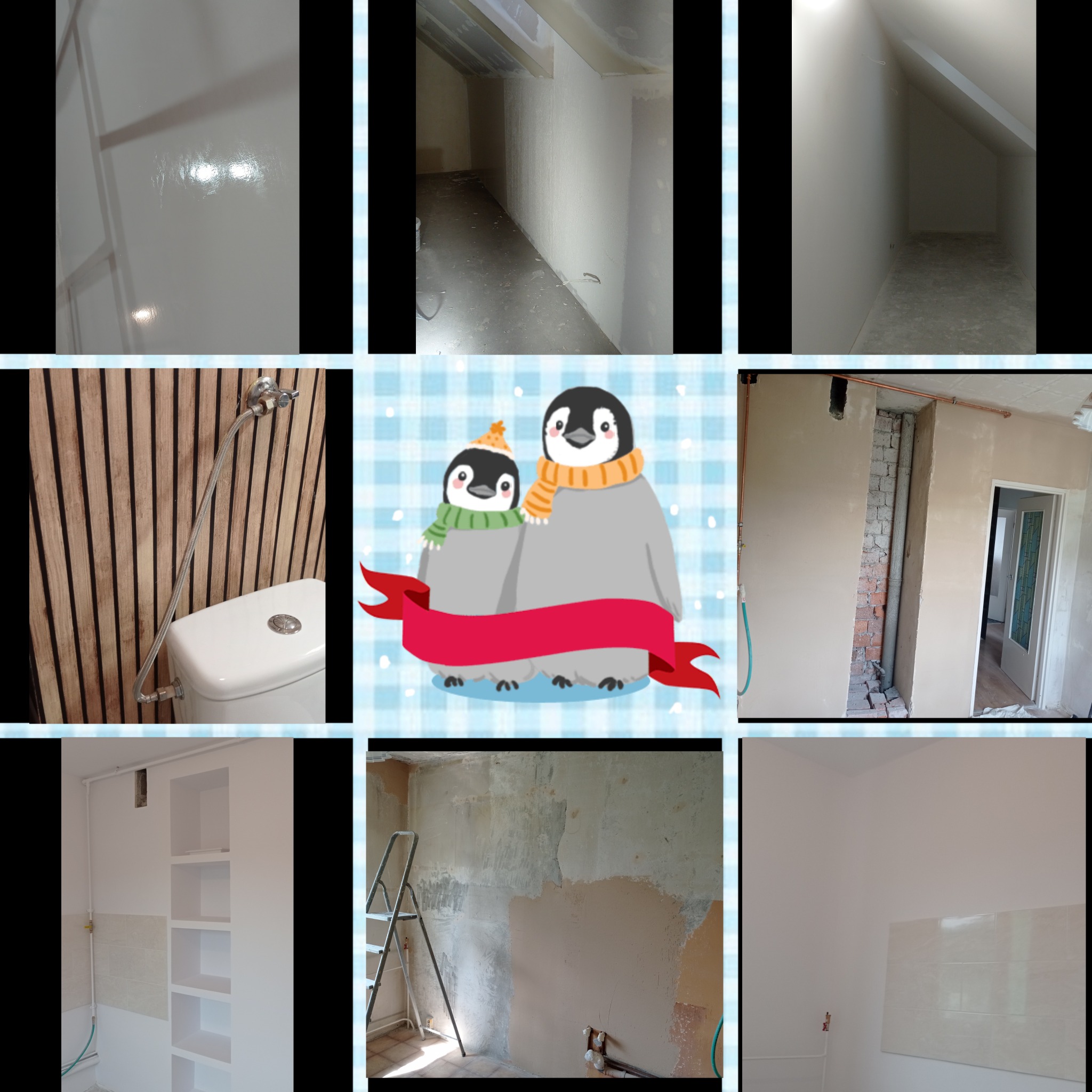 Zestawienie zdjęć z różnych etapów prac wykończeniowych: błyszczące płytki, ściana w trakcie gładzenia, poddasze po gładzi, toaleta z drewnianą ścianą, ściana z instalacją po gładzi, wnęka...