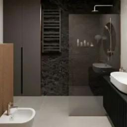 Nowoczesna łazienka z teksturowaną ścianą, owalnym lustrem w miedzianej ramie, umywalką nablatową i kabiną prysznicową typu walk-in. Minimalistyczny design.