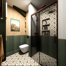 Sopata Studio Design Katarzyna Sopata - Wizualizacja łazienki z kabiną prysznicową, zielonymi płytkami i wzorzystą podłogą. Na ścianie plakat z Krakowem. Uwagę przykuwa nietypowe wykończenie.