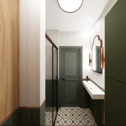 Sopata Studio Design Katarzyna Sopata - Nowoczesna łazienka z zielonymi akcentami: kabina prysznicowa, umywalka nablatowa, dekoracyjne lustro i wzorzysta podłoga. Całość w jasnej tonacji z drewnianymi elementami.