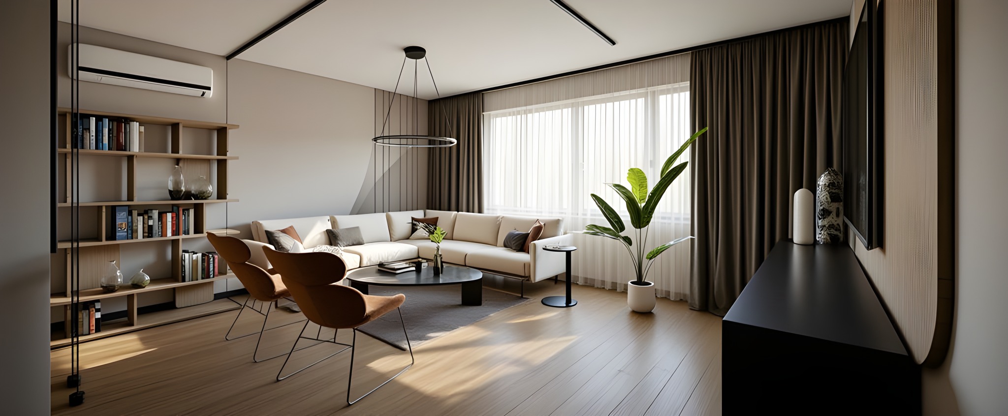 Jasne, nowoczesne wnętrze salonu z narożną sofą, okrągłym stolikiem kawowym i drewnianą podłogą. Na ścianie półka z książkami i dekoracjami. Minimalistyczny wystrój.