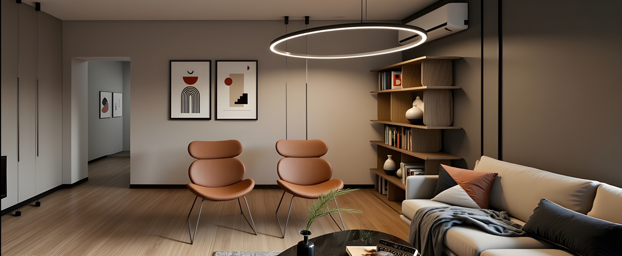 Stylowa aranżacja salonu w Łodzi: dwa krzesła o unikalnym designie, minimalistyczne grafiki na ścianie i podświetlany okrągły żyrandol, tworzące przytulną atmosferę.