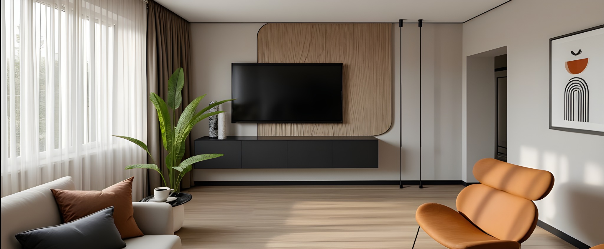 Nowoczesny salon z telewizorem na drewnianej ścianie, minimalistyczną szafką RTV i designerkim fotelem. Jasne wnętrze z elementami drewna i roślin.