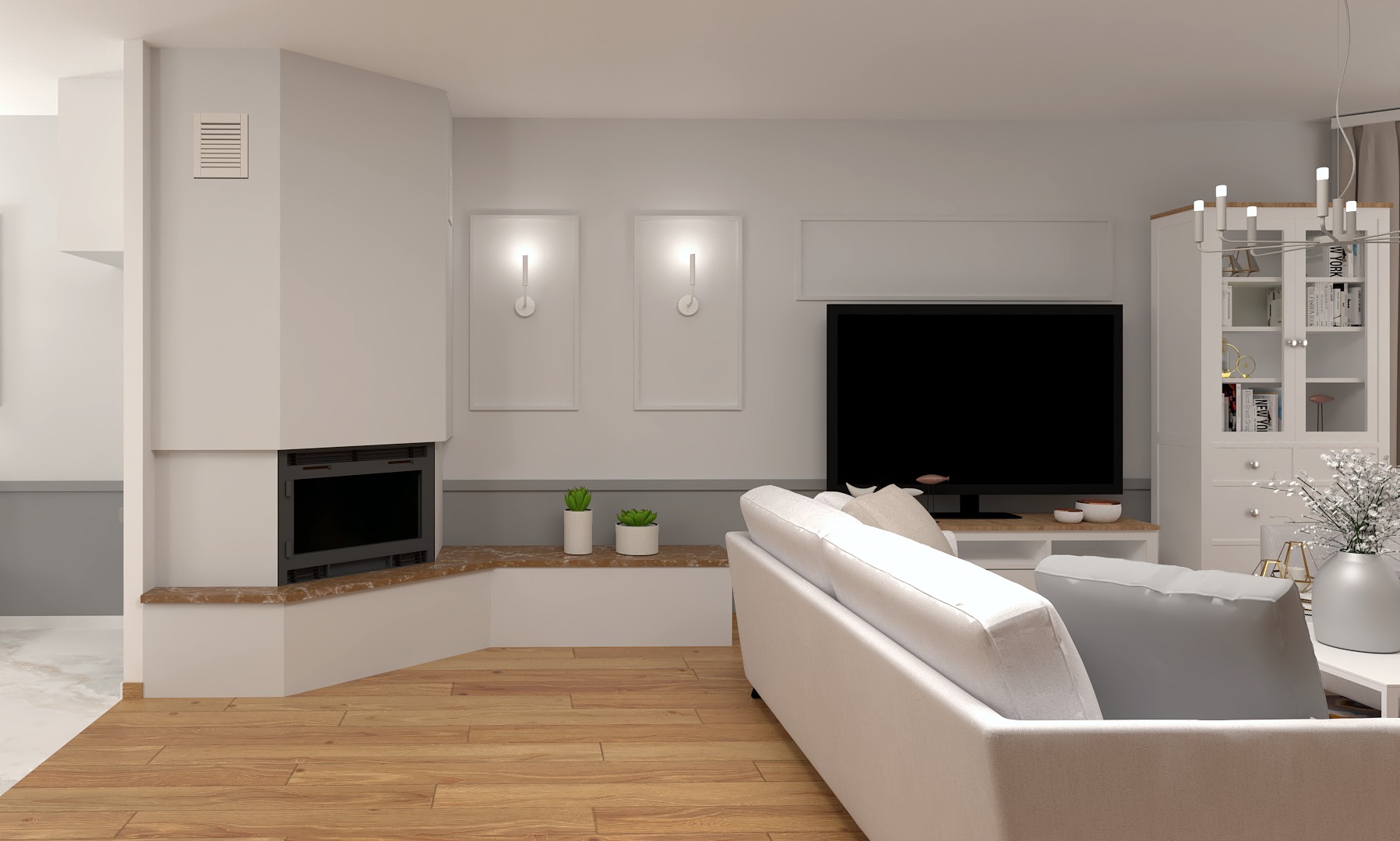 Jasne wnętrze salonu z kominkiem, drewnianą podłogą i białymi meblami. Minimalistyczny design z akcentami roślinnymi i nowoczesnym oświetleniem.