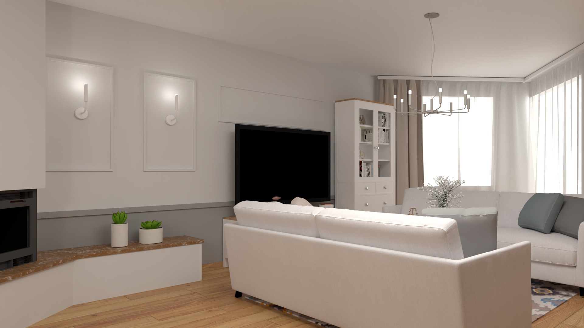 Jasne wnętrze salonu z białymi sofami, telewizorem i dekoracyjnymi lampami ściennymi. Parkiet na podłodze, subtelne oświetlenie i minimalistyczny design.
