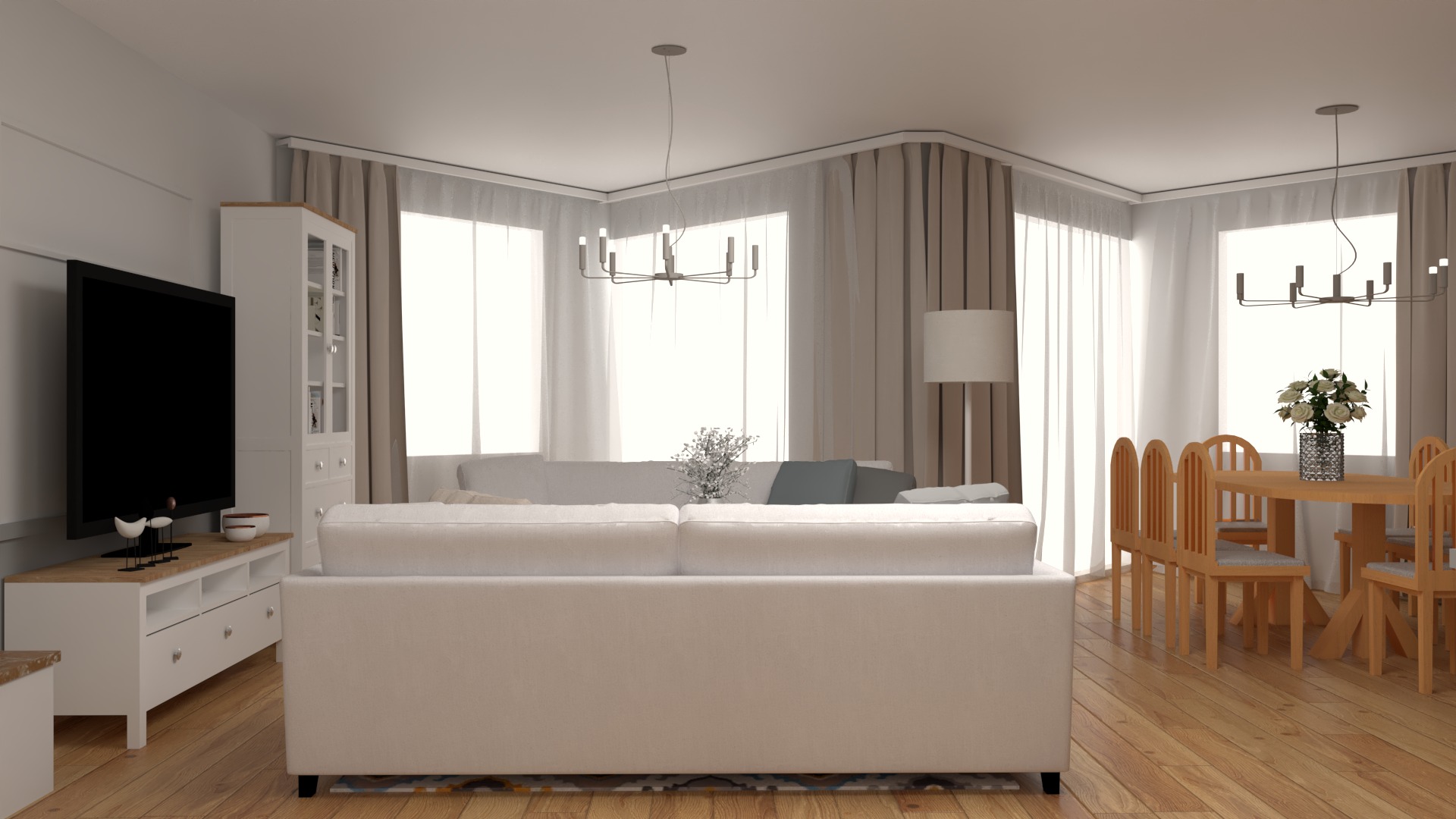 Jasne wnętrze: salon z sofą, telewizorem i jadalnią. Drewniana podłoga, białe meble, duże okna z zasłonami. Nowoczesne lampy wiszące.