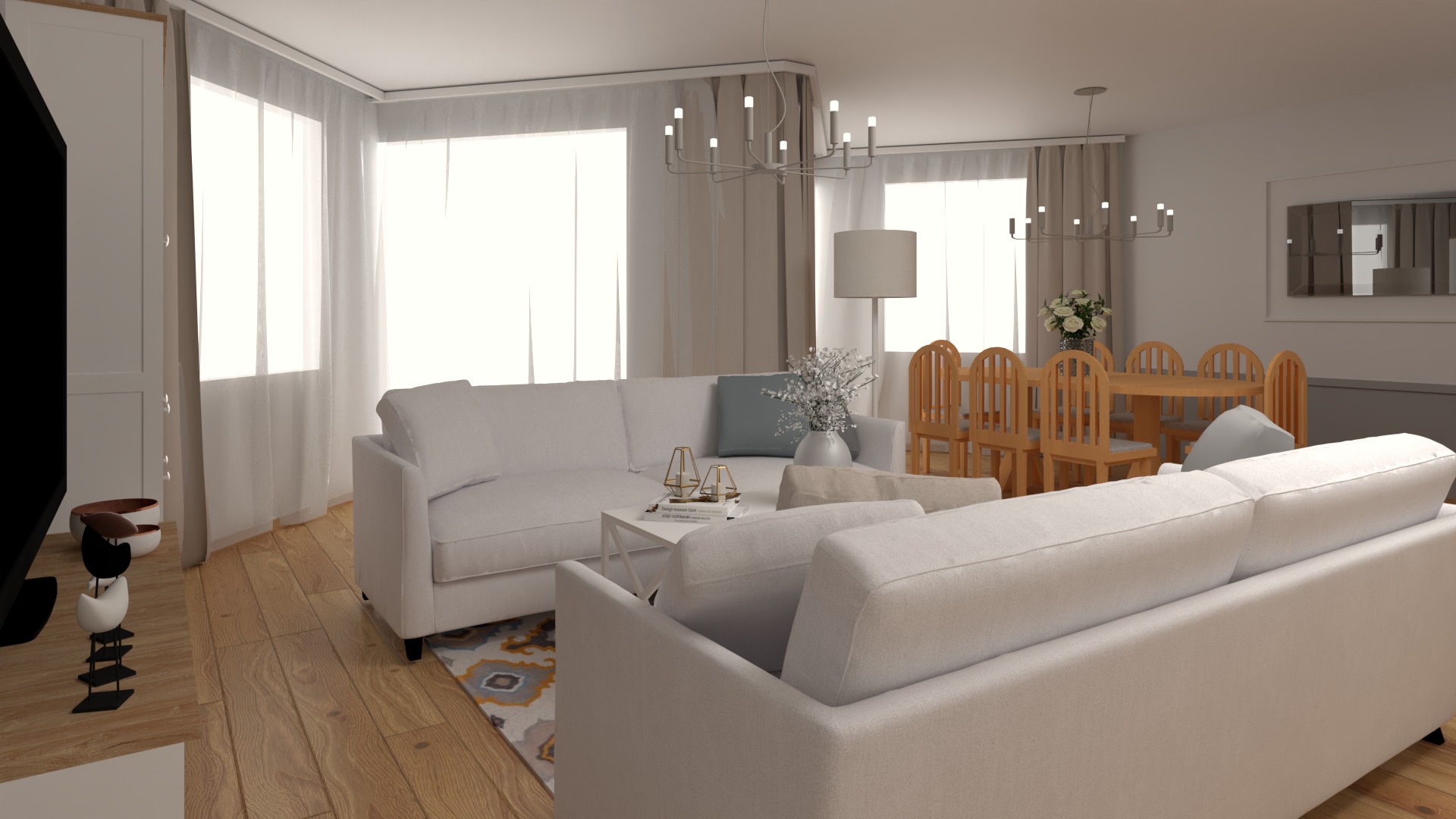 Jasne wnętrze salonu z jadalnią: białe sofy, drewniany stół z krzesłami, okna z zasłonami, nowoczesne lampy wiszące. Neutralna kolorystyka, minimalistyczny design.