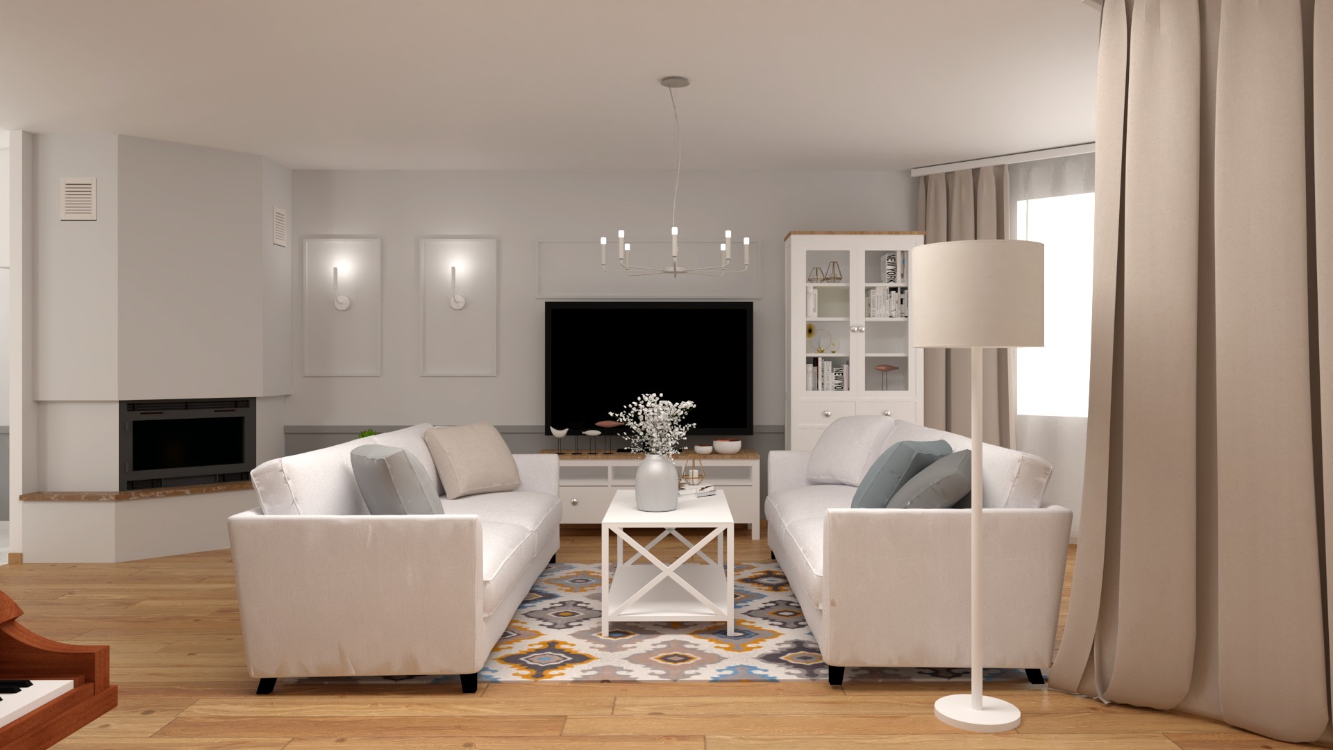 Elegancki salon z dwoma białymi sofami, stolikiem kawowym i telewizorem na tle. Parkiet, dywan w geometryczne wzory, lampa podłogowa i zasłony dodają przytulności.