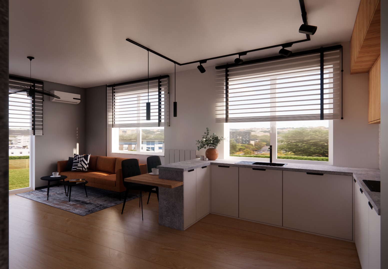 Jasne wnętrze z otwartą kuchnią i salonem. Minimalistyczne meble, drewniana podłoga, duże okna z żaluzjami i oświetlenie szynowe. Widok na zieleń za oknem.