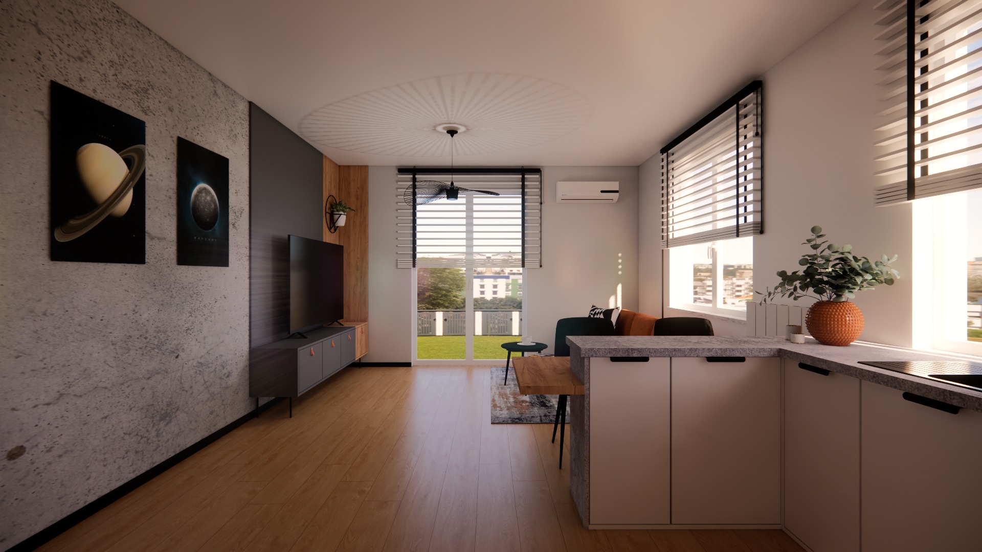 Stylowa aranżacja wnętrza salonu z aneksem kuchennym w Łodzi. Widok na betonową ścianę z grafikami planet i wyjście na balkon z widokiem na zieleń.
