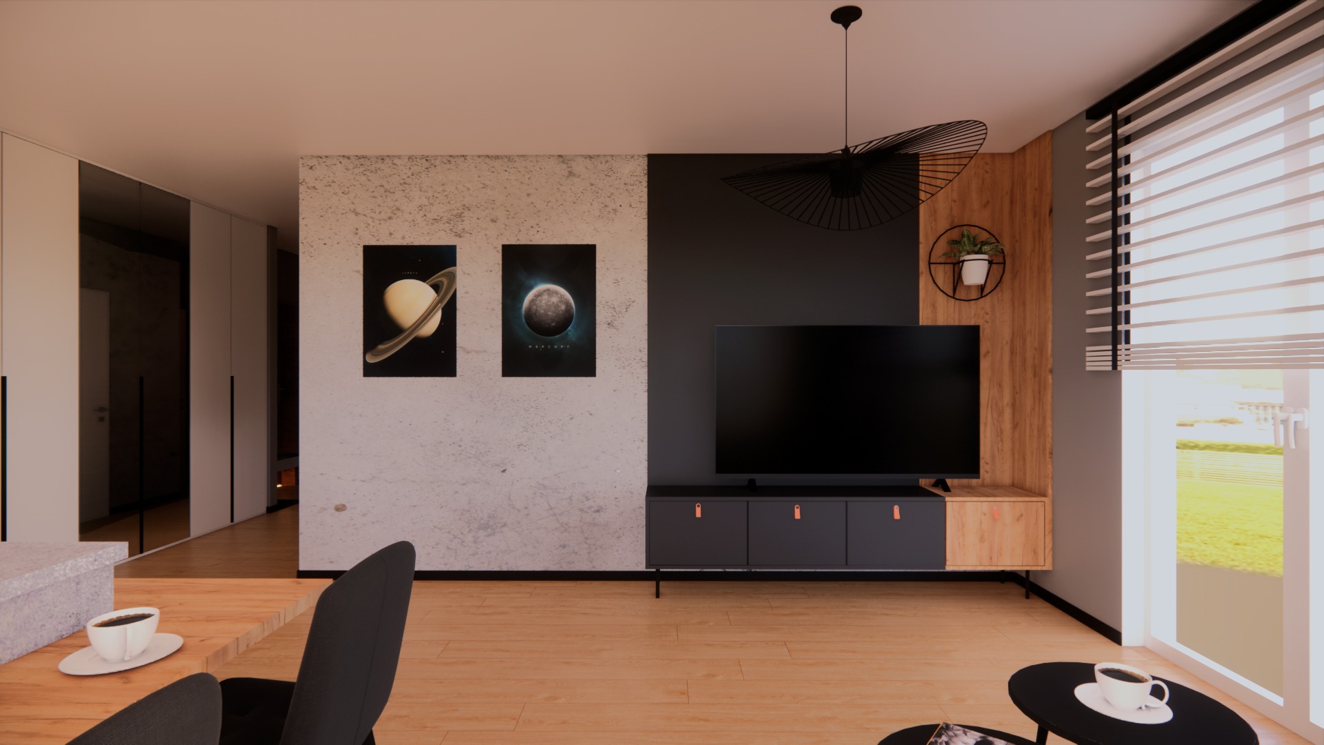 Nowoczesny salon z drewnianą podłogą, szarą ścianą z plakatami planet, czarną szafką RTV i telewizorem. Designerska lampa i rolety w oknie dopełniają aranżację.