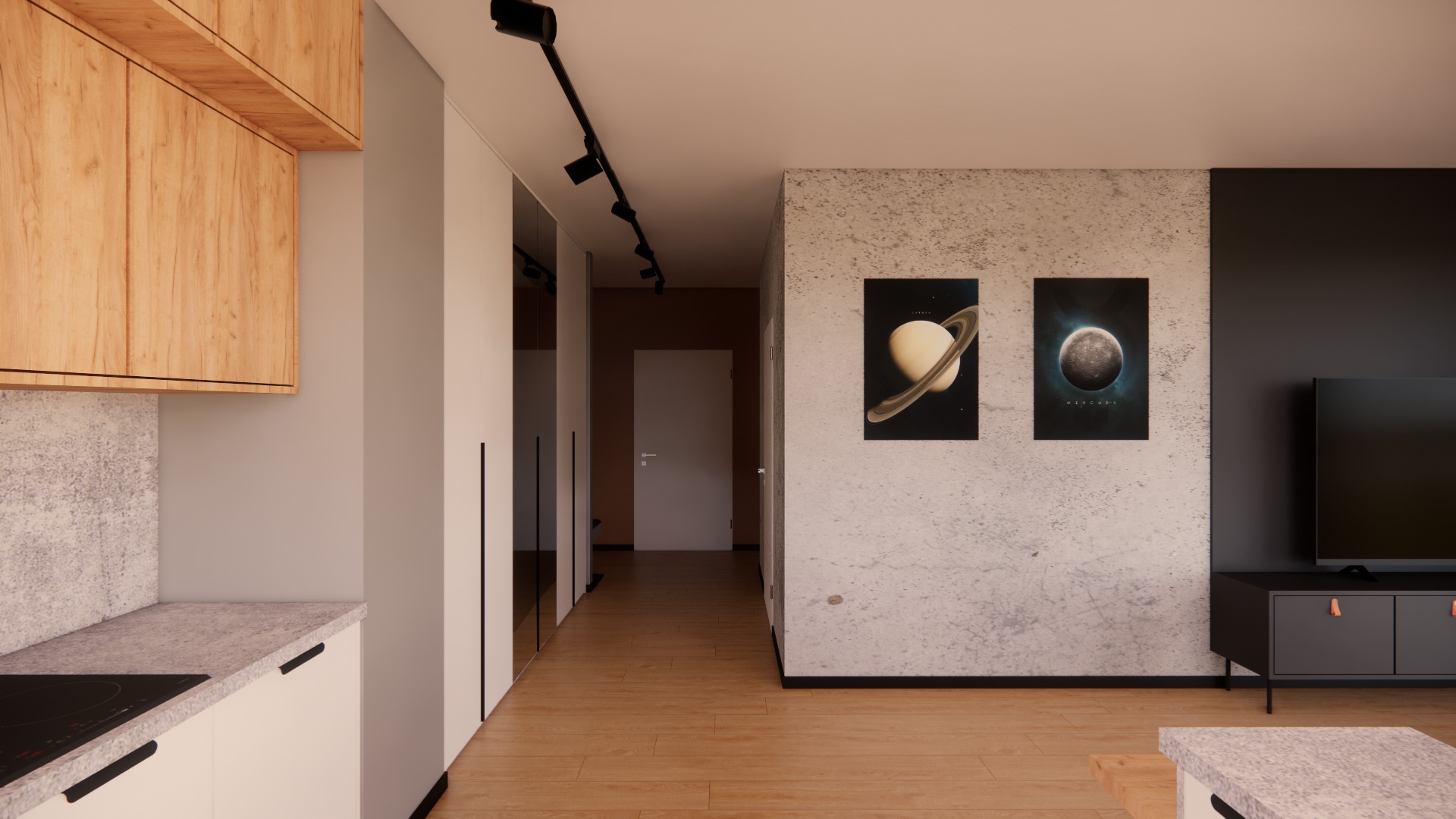 Nowoczesne wnętrze: drewniane szafki kuchenne, betonowa ściana z grafikami planet, minimalistyczna szafa z lustrami i drewniana podłoga.