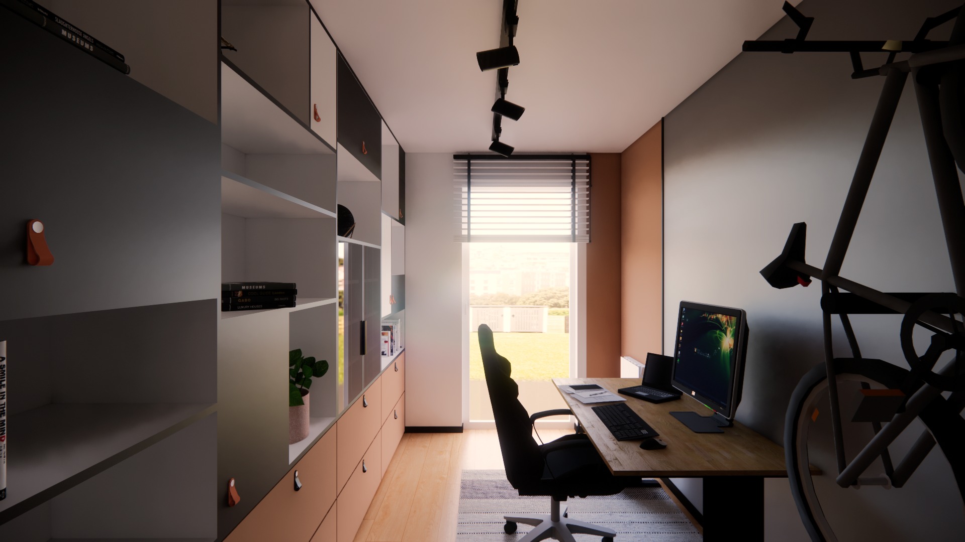 Nowoczesny pokój do pracy z biurkiem, komputerem, regałem i rowerem stacjonarnym. Stonowana kolorystyka, minimalistyczny design, oświetlenie punktowe.