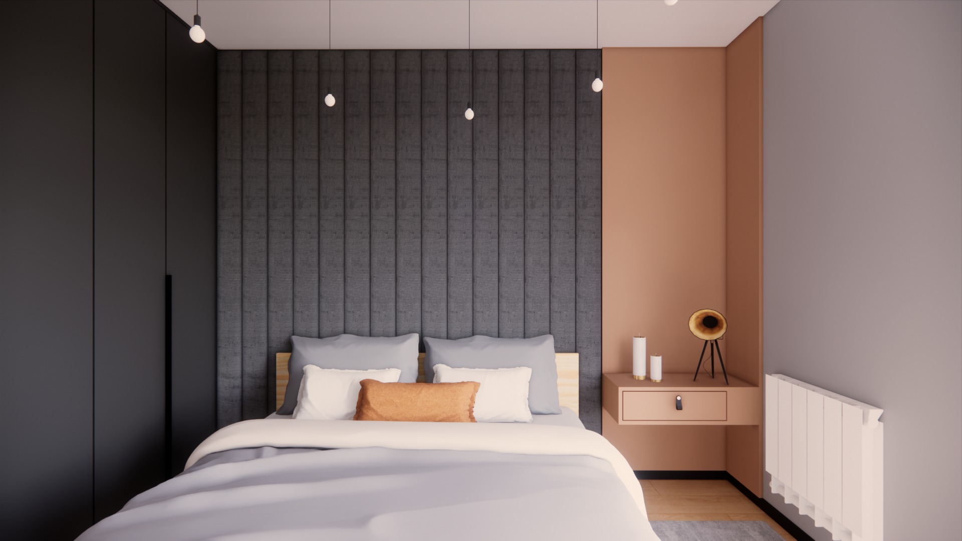 Nowoczesna sypialnia z tapicerowanym zagłówkiem w odcieniach szarości, minimalistyczną szafką nocną i dekoracyjnym gramofonem. Stonowana kolorystyka i subtelne oświetlenie.