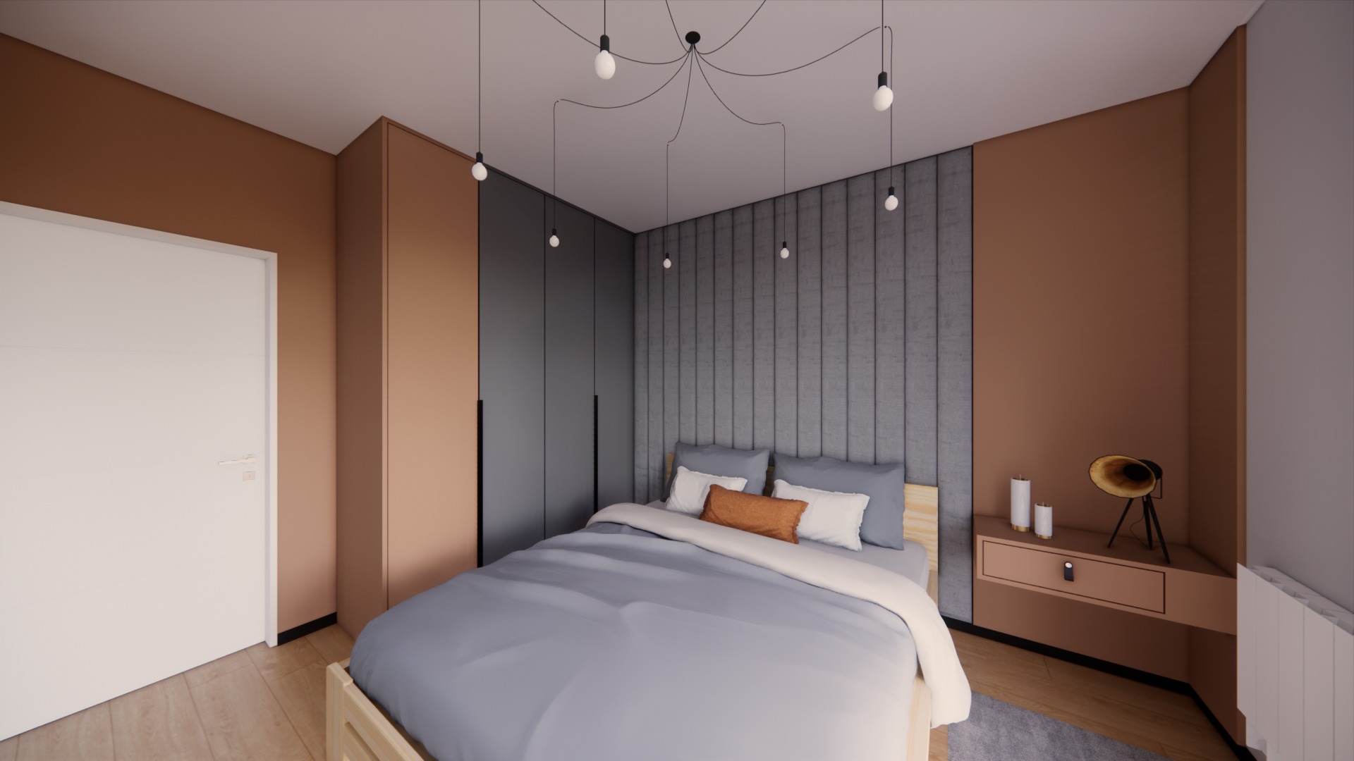 Nowoczesna sypialnia z łóżkiem, szafą w odcieniach brązu i szarości oraz lampą sufitową z żarówkami. Minimalistyczny design z drewnianymi akcentami i szarą tapetą.