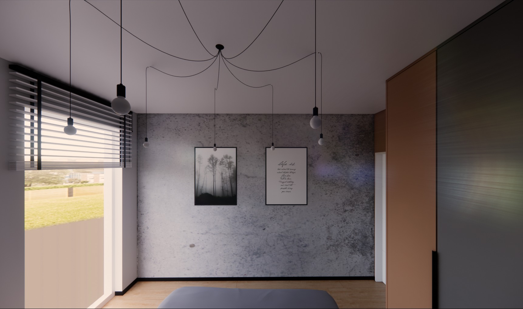Nowoczesna sypialnia z betonową ścianą, minimalistycznym oświetleniem i dwoma obrazami w czarnych ramkach. Widok na zewnątrz przez okno z żaluzjami.
