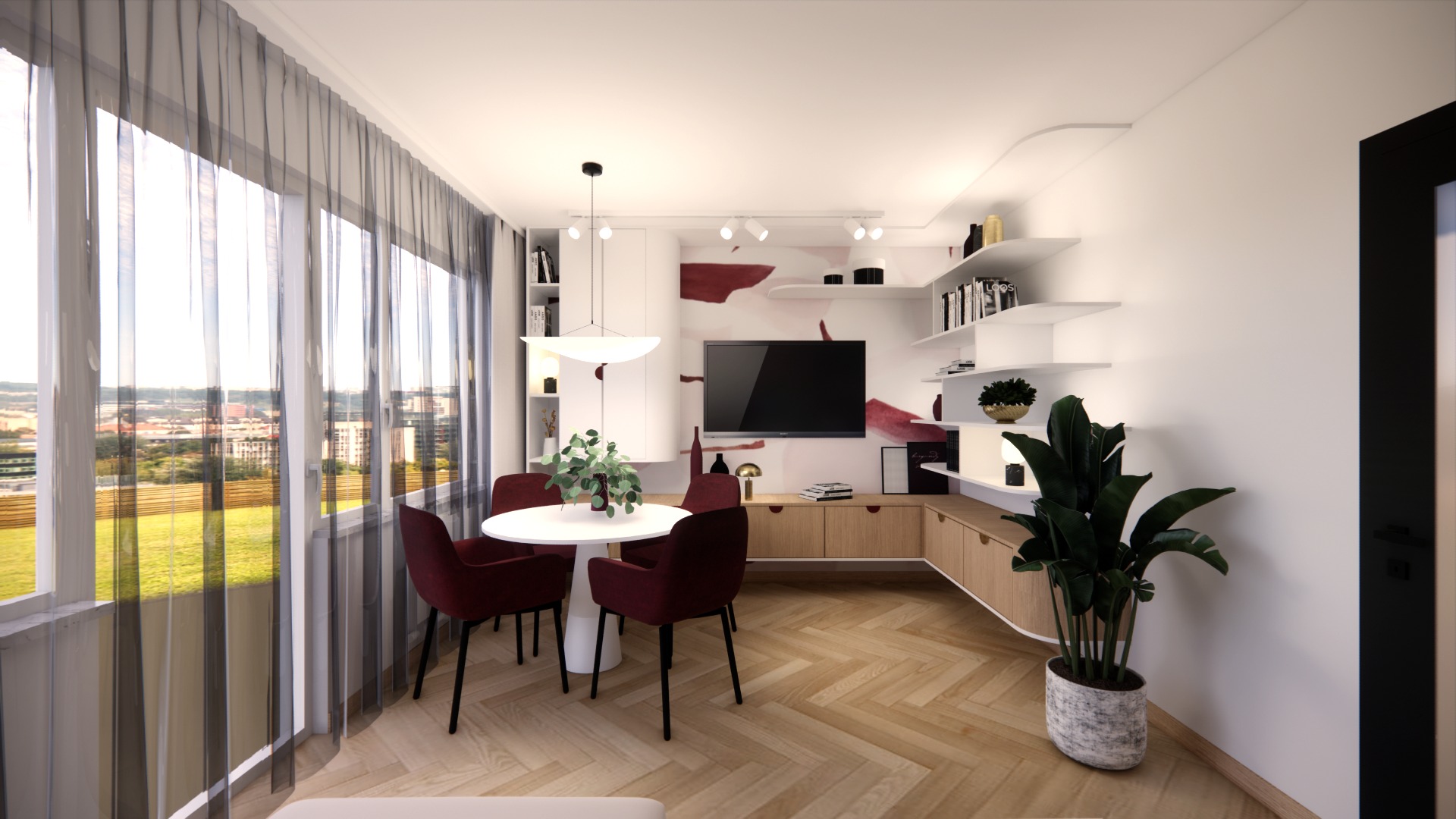 Jasne wnętrze z dużym oknem, okrągłym stołem i krzesłami w odcieniach bordo. Na ścianie telewizor i półki. Parkiet ułożony w jodełkę. Nowoczesny design.