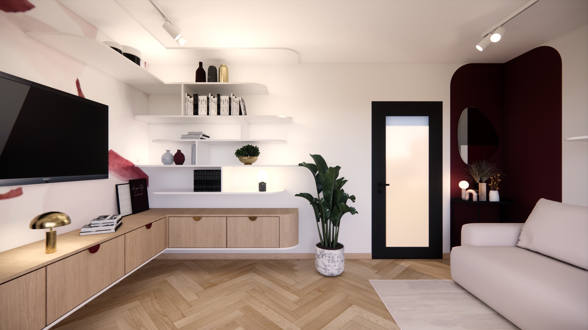 Wizualizacja salonu z parkietem w jodełkę, białymi półkami, telewizorem i rośliną doniczkową. Ciemna ściana z owalnym lustrem i kremowa sofa.