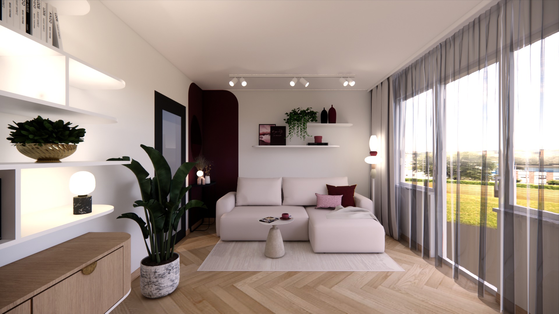 Jasny salon z parkietem w jodełkę, białą sofą, roślinami i dużym oknem z zasłonami. Minimalistyczny design z akcentami burgundu i nowoczesnym oświetleniem.