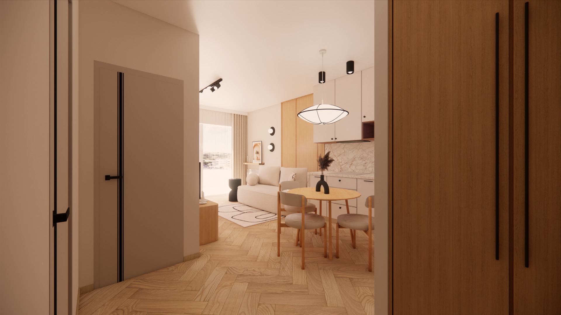 Jasne wnętrze mieszkania z drewnianą podłogą w jodełkę, okrągłym stołem i sofą. Widok zza drzwi, z akcentami czerni w oświetleniu i dekoracjach.