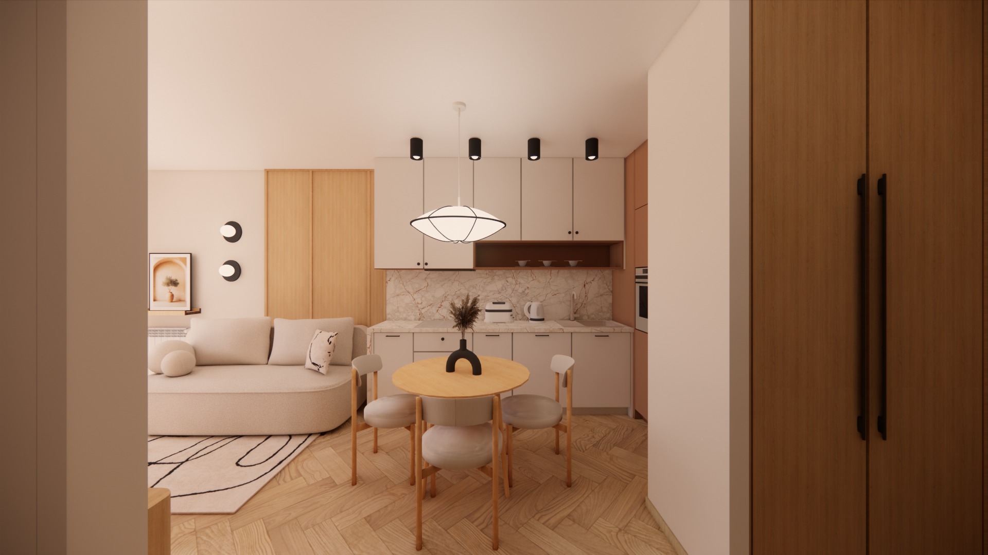 Jasne wnętrze: salon z aneksem kuchennym. Okrągły stół z krzesłami, sofa z poduszkami, drewniana podłoga w jodełkę, marmurowy backsplash, minimalistyczne oświetlenie.