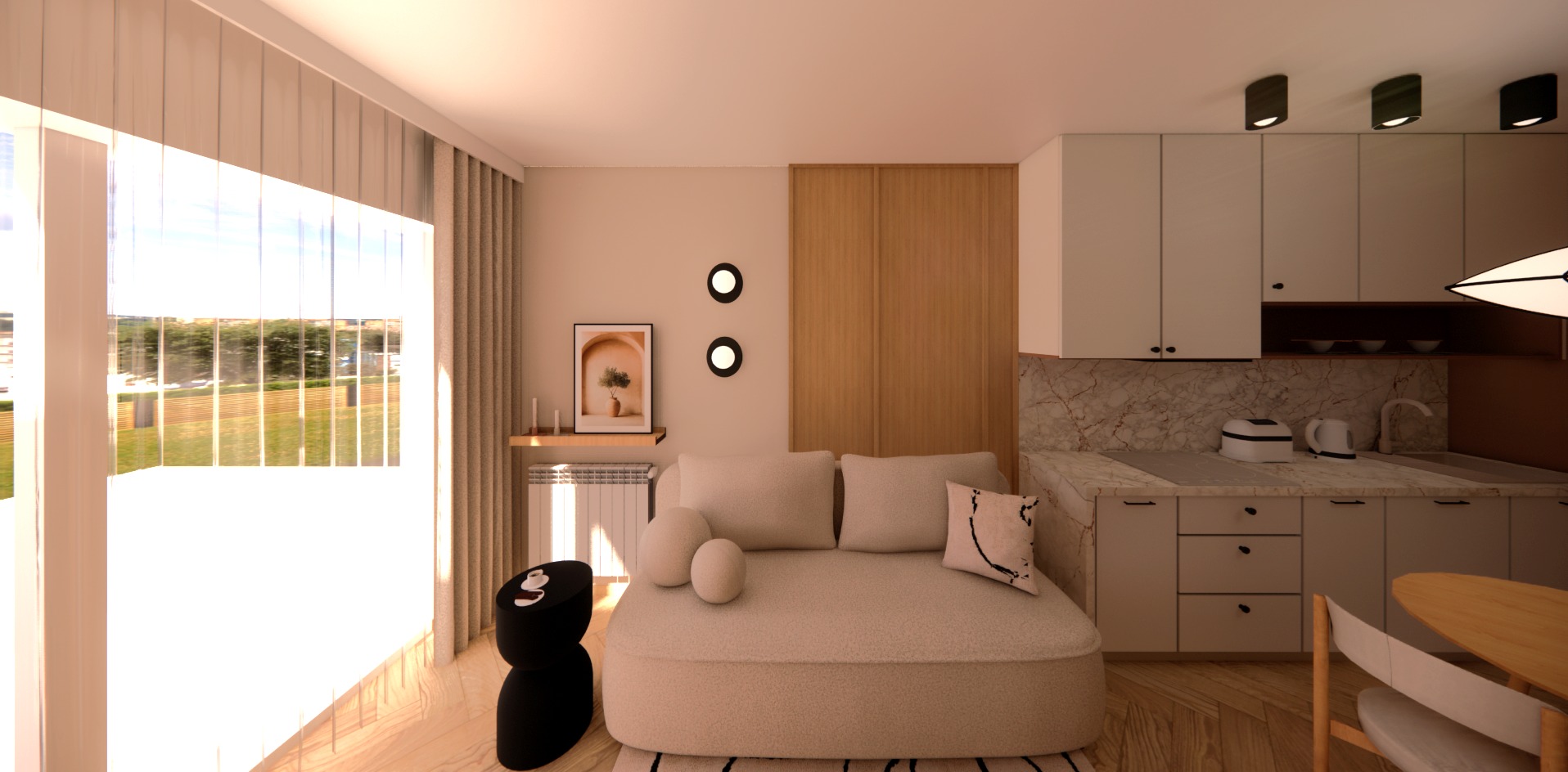 Jasne wnętrze z sofą boucle, okrągłym stolikiem i aneksem kuchennym z marmurowym blatem. Duże okno z widokiem na zieleń. Minimalistyczny design z drewnianymi akcentami.