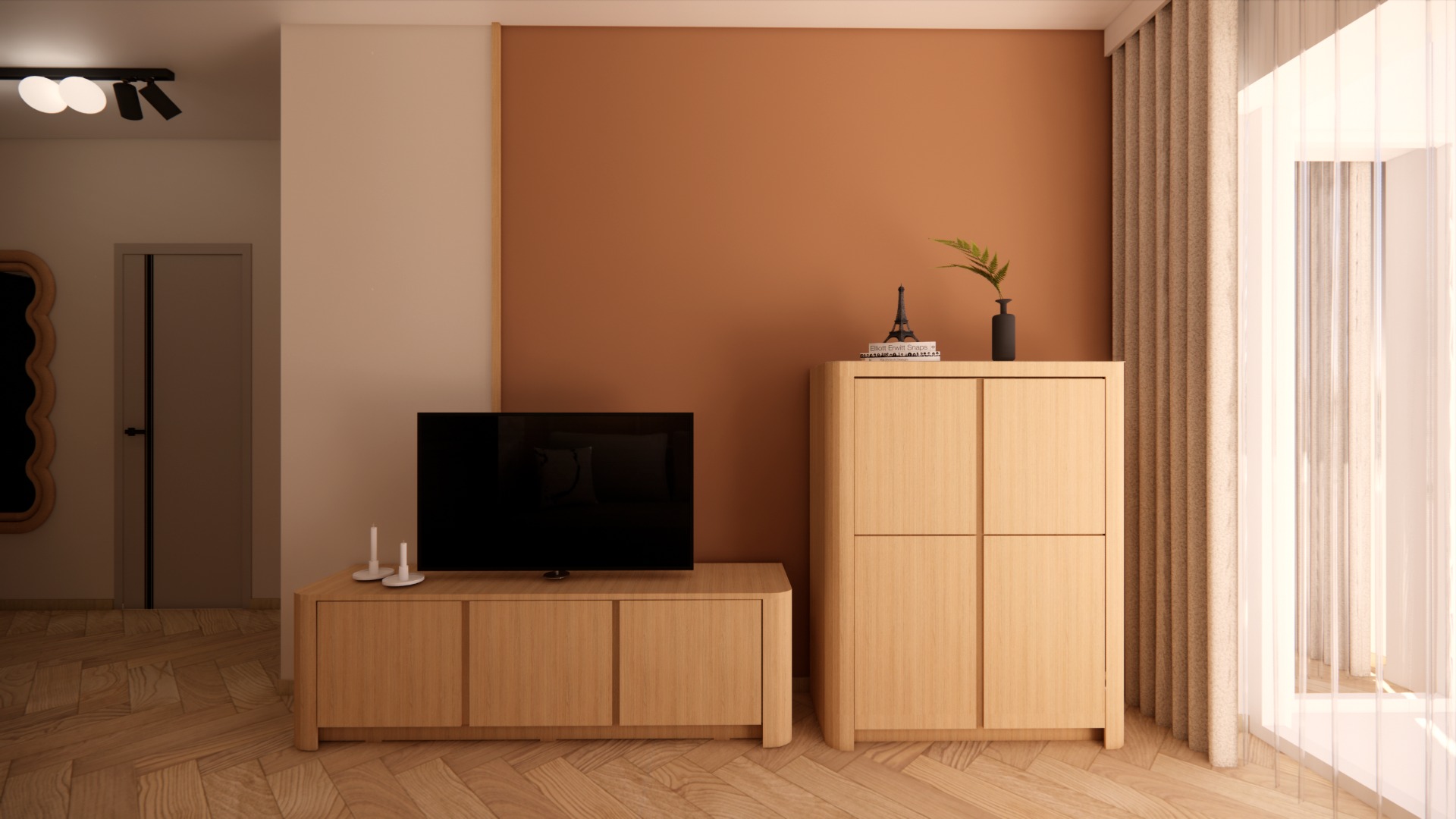 Nowoczesny salon z drewnianą podłogą w jodełkę, szafką RTV, komodą i telewizorem na tle ściany w kolorze terakoty. Minimalistyczny wystrój z dekoracjami.