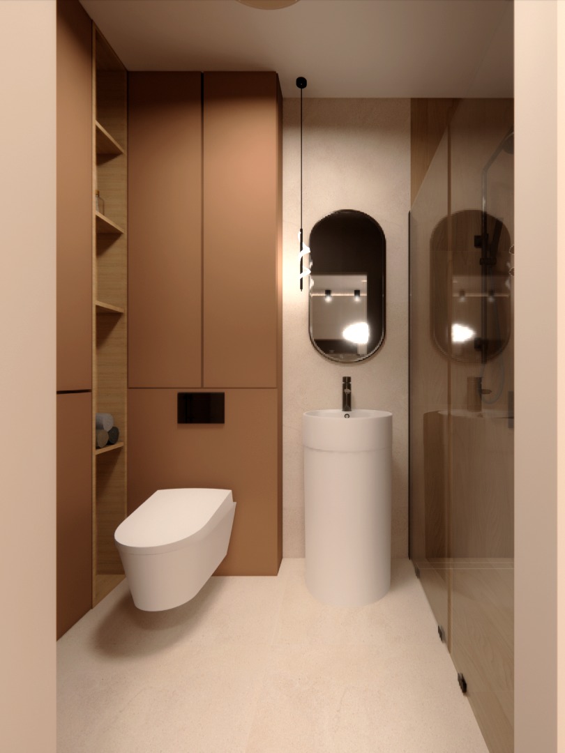 Nowoczesna łazienka w beżach: podwieszana toaleta, okrągła umywalka na postumencie, lustro w owalnej ramie i kabina prysznicowa z transparentnego szkła.