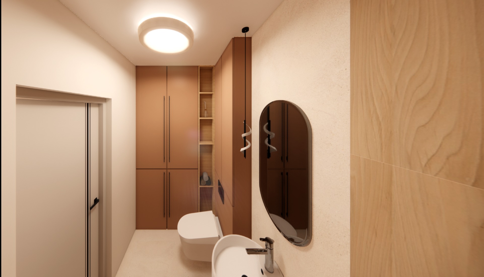Wizualizacja łazienki w odcieniach brązu z toaletą, umywalką i szafkami. Uwagę przykuwa owalne lustro i minimalistyczna lampa wisząca. Projekt wnętrza z dbałością o detale.