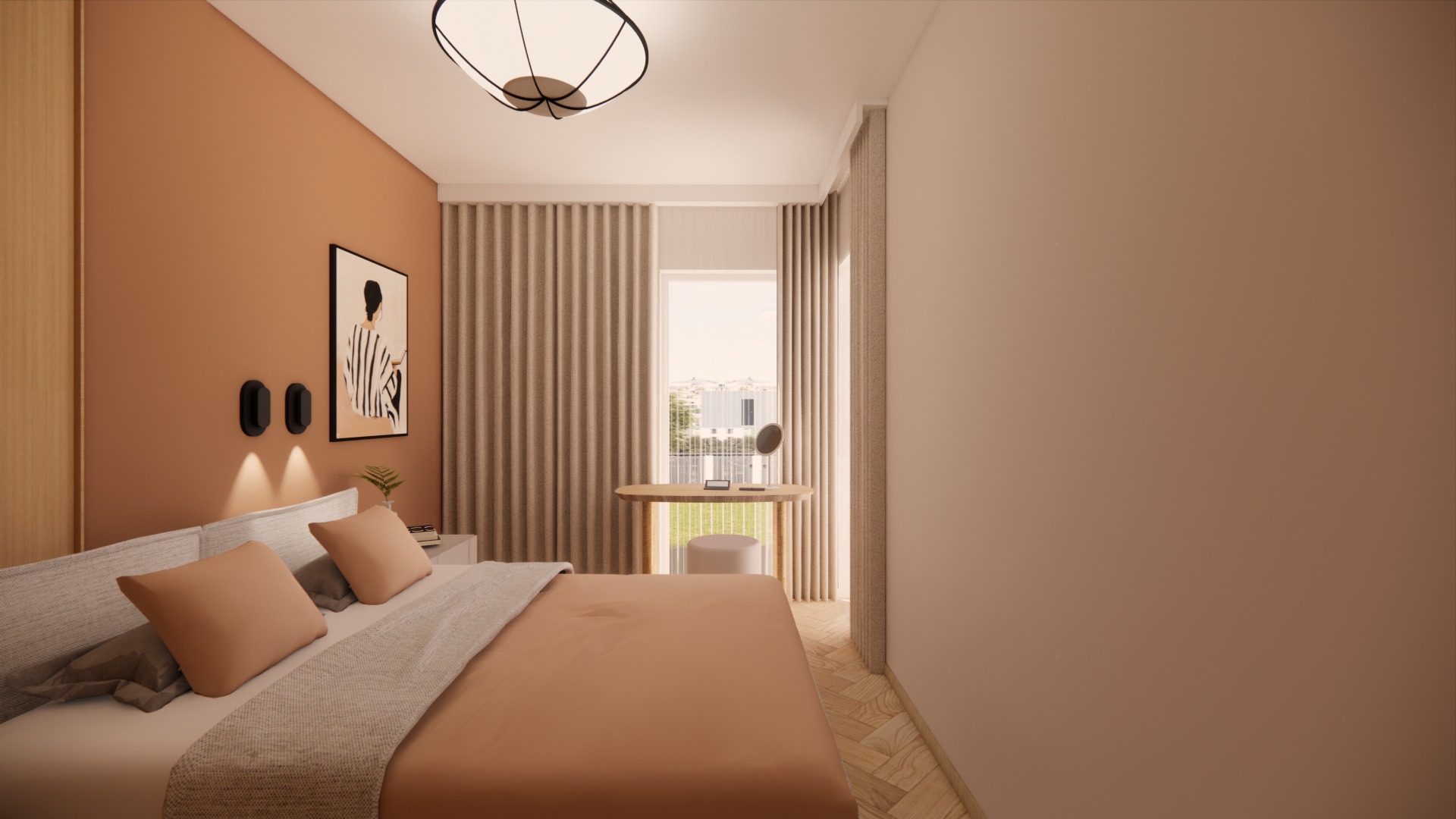 Sypialnia w odcieniach beżu i brązu z łóżkiem, toaletką przy oknie i minimalistycznym oświetleniem. Na ścianie grafika i lampki nocne. Parkiet w jodełkę.