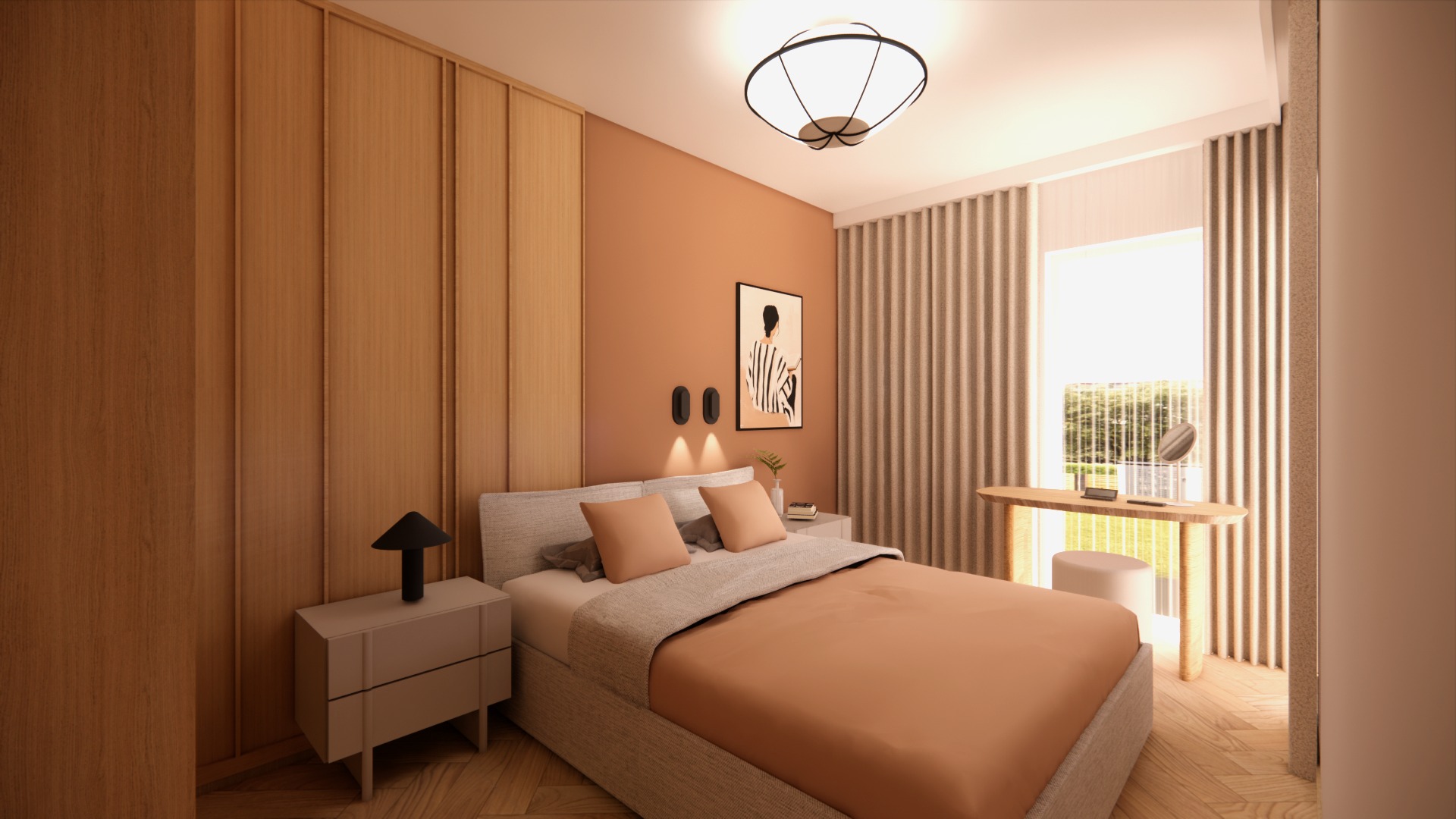 Nowoczesna sypialnia z łóżkiem w odcieniach beżu i brązu, drewnianą ścianą, toaletką przy oknie i designerską lampą sufitową. Minimalistyczny wystrój.