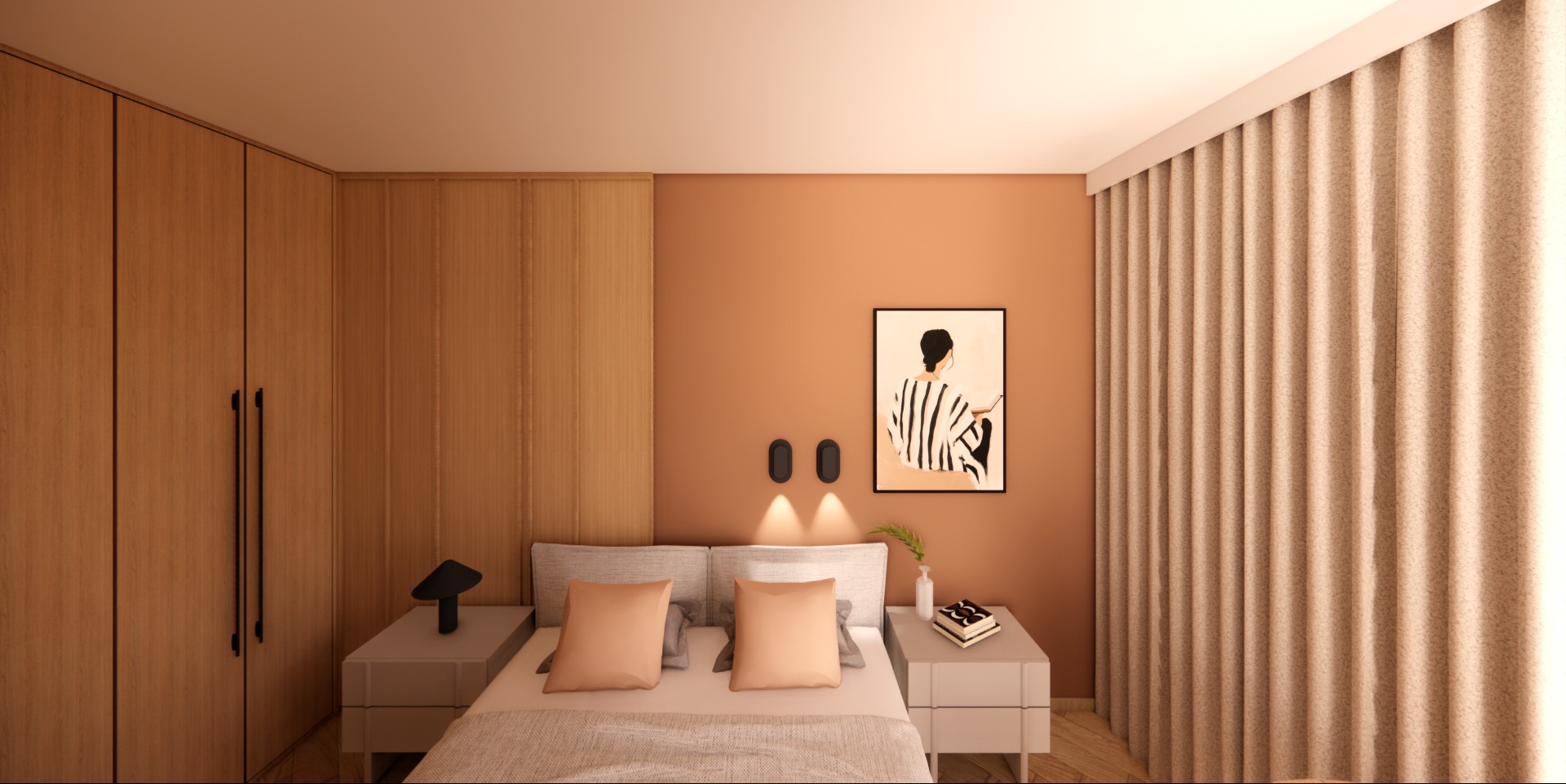 Sypialnia w ciepłych brązach: drewniana zabudowa, łóżko z beżową pościelą, grafika na ścianie i minimalistyczne lampki nocne. Przytulne wnętrze.