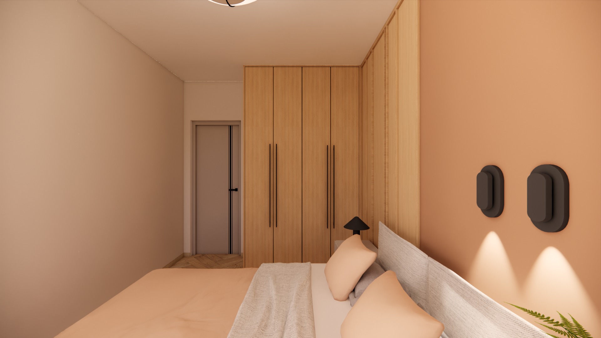 Jasna sypialnia z drewnianą szafą w zabudowie, beżową pościelą i minimalistycznymi lampkami nocnymi na ścianie. Widok na drzwi i fragment parkietu.