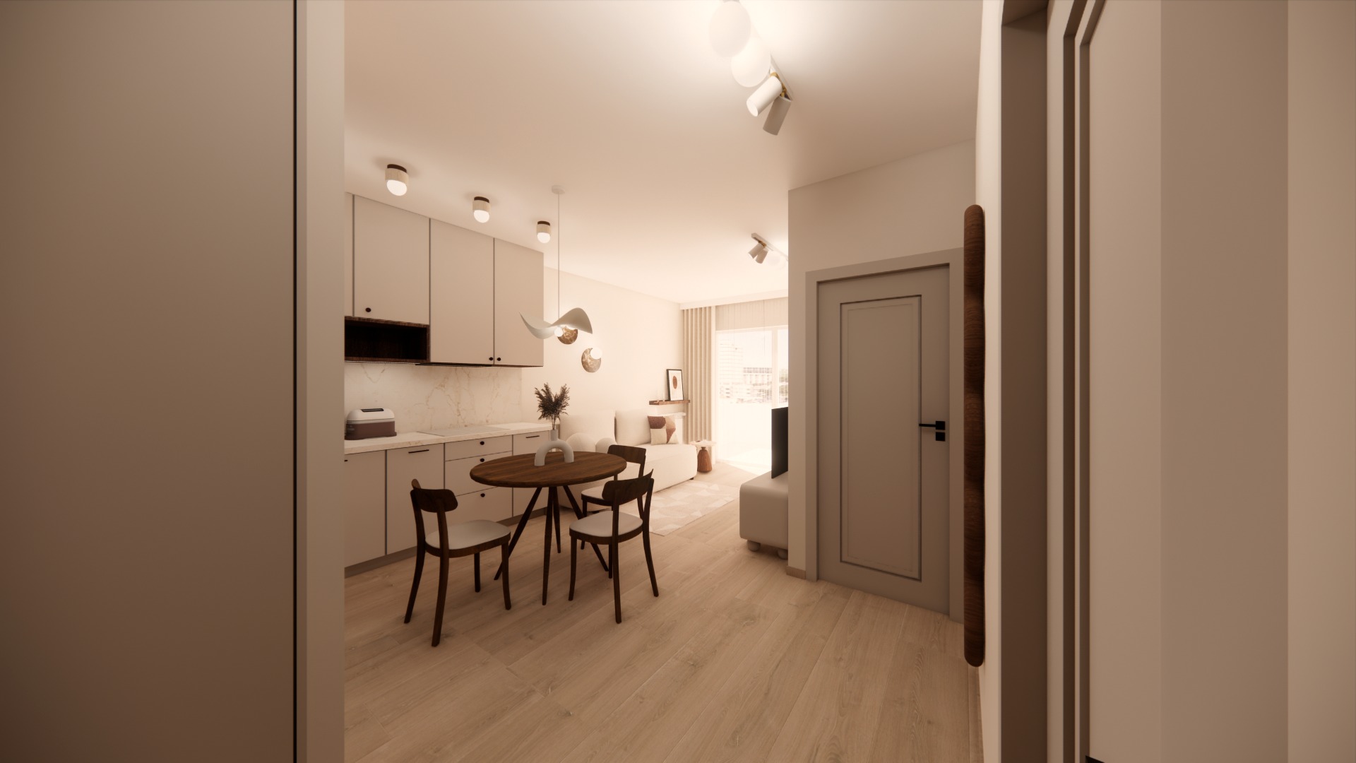 Jasne wnętrze mieszkania z aneksem kuchennym i okrągłym stołem z krzesłami. Minimalistyczny design, ciepłe oświetlenie, widok na salon z sofą. Realistyczna wizualizacja.