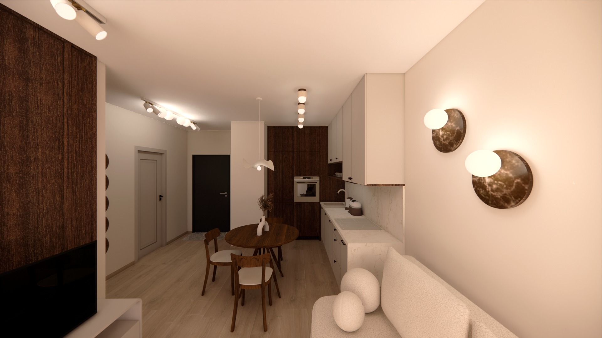 Wizualizacja salonu z aneksem kuchennym: okrągły stół z krzesłami, sofa z dekoracyjnymi poduszkami, marmurowe lampy ścienne, drewniane akcenty i oświetlenie punktowe.