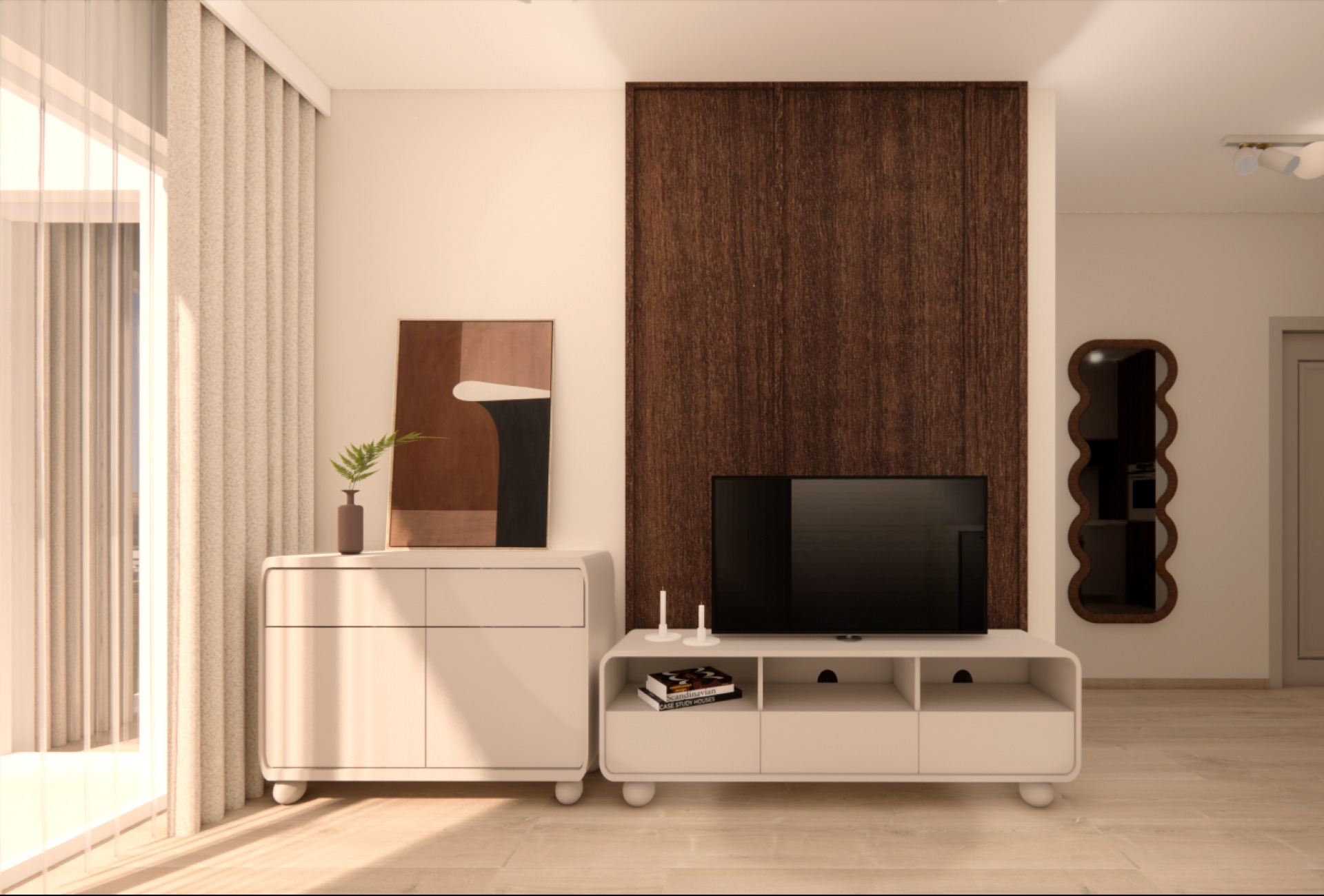 Minimalistyczny salon z białymi meblami: komoda, szafka RTV, telewizor. Brązowy panel ścienny, abstrakcyjny obraz i dekoracyjne lustro dodają charakteru.