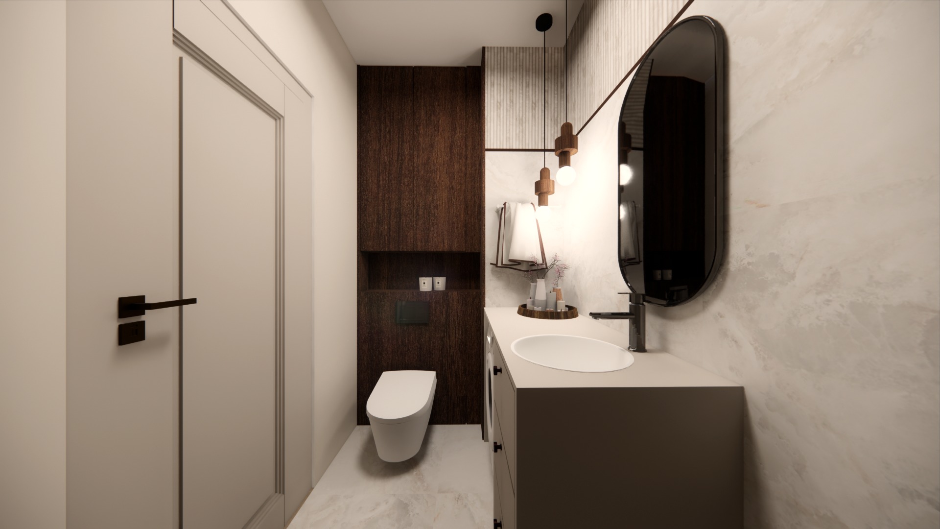 Nowoczesna łazienka z owalnym lustrem, wiszącą toaletą i drewnianą zabudową. Minimalistyczny design, marmurowe płytki i designerskie oświetlenie.