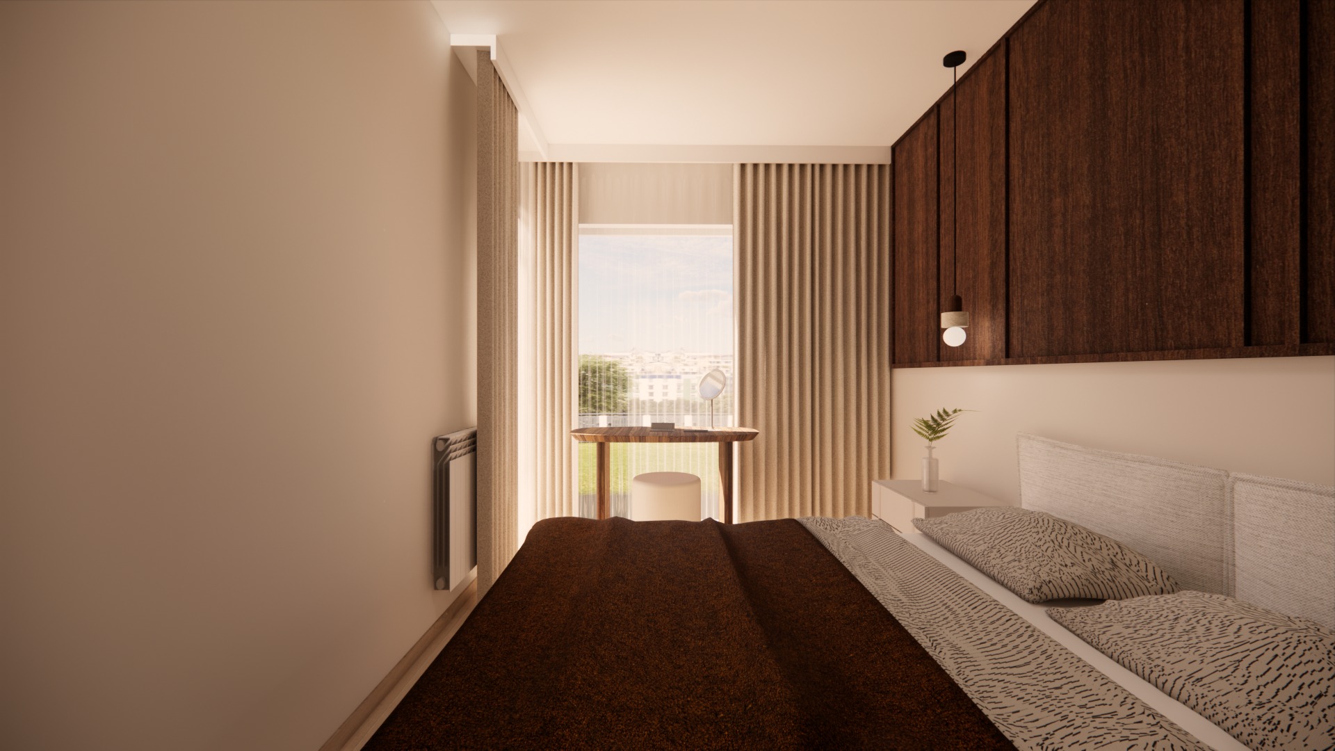 Nowoczesna sypialnia z drewnianą ścianą, toaletką przy oknie i minimalistycznym oświetleniem. Brązowa narzuta na łóżku i beżowe zasłony tworzą przytulną atmosferę.
