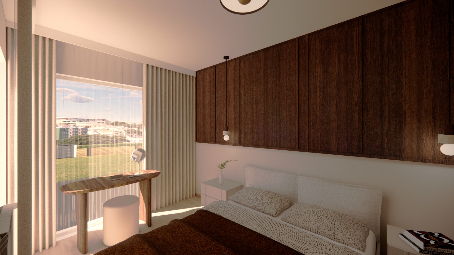 Nowoczesna sypialnia z drewnianą ścianą, toaletką przy oknie i beżowymi zasłonami. Minimalistyczny design, ciepłe oświetlenie i widok na zieleń za oknem.