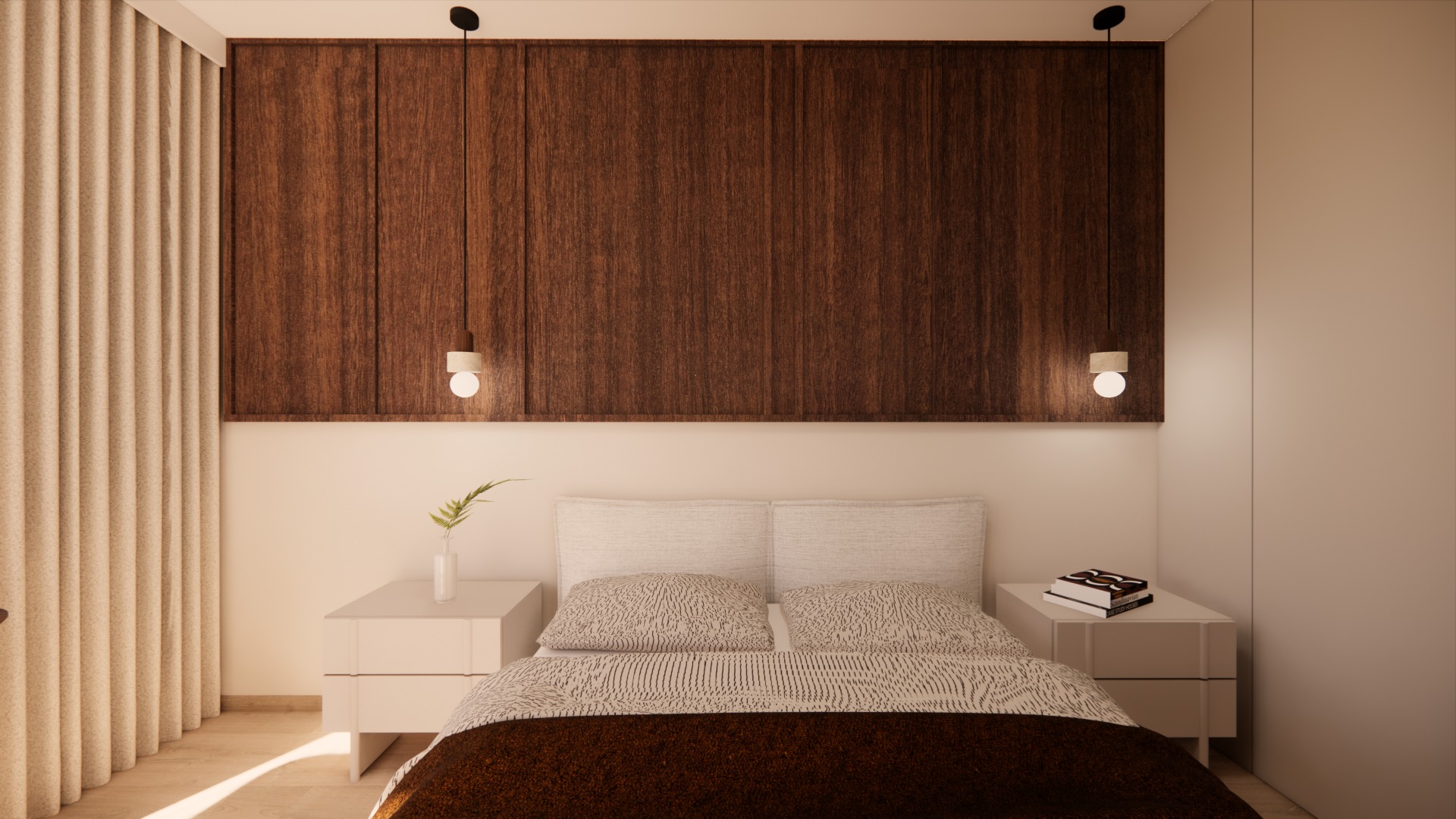 Nowoczesna sypialnia z drewnianą ścianą, minimalistycznymi lampkami nocnymi i beżowymi zasłonami. Stonowana kolorystyka i proste linie tworzą przytulną atmosferę.