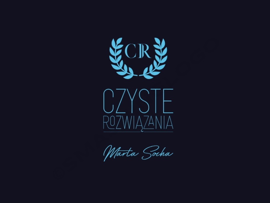 Logo firmy sprzątającej: 'Czyste Rozwiązania' z inicjałami 'CR' w wieńcu laurowym, nazwisko Marta Socha, na granatowym tle.