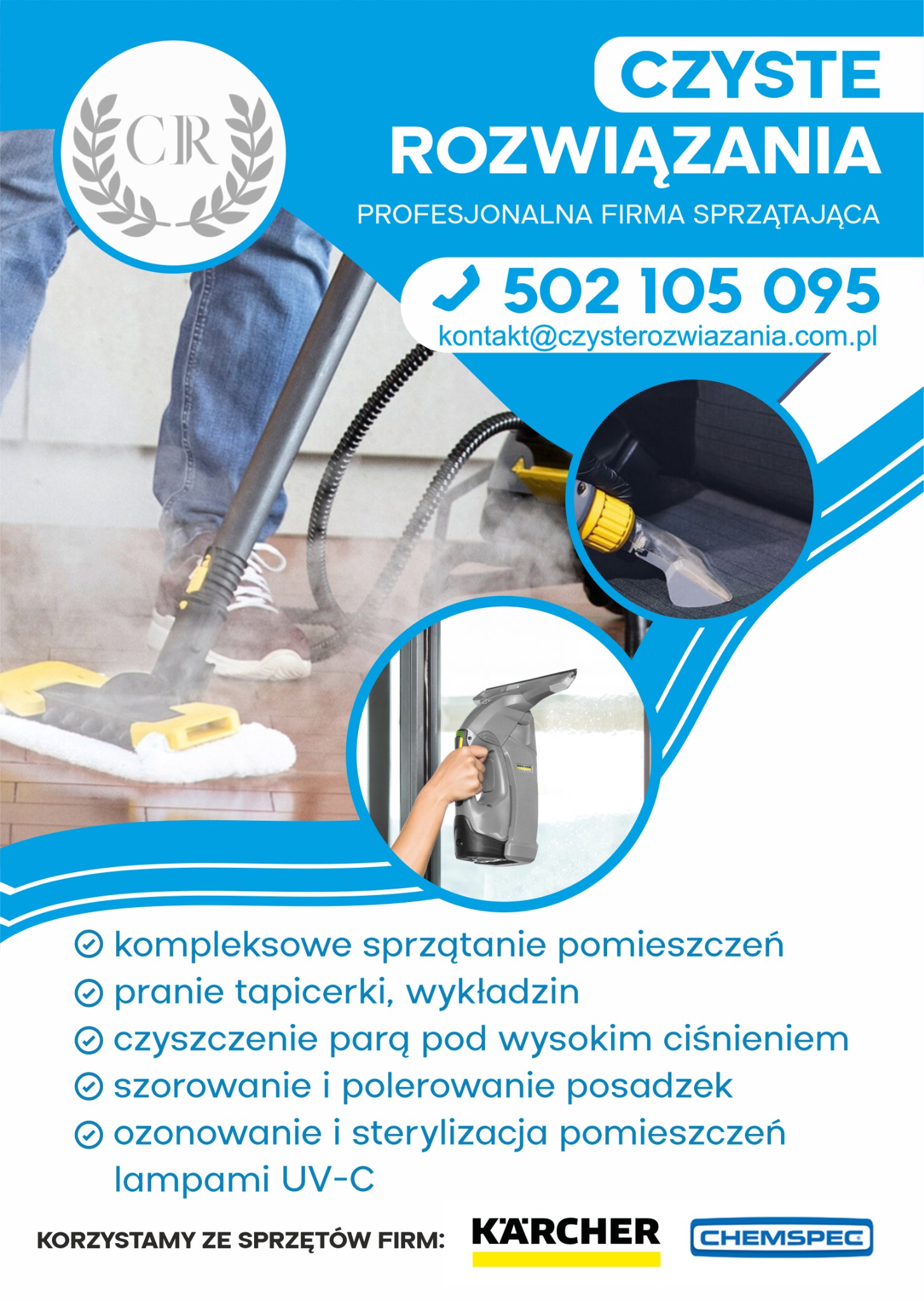 Profesjonalna firma sprzątająca prezentuje urządzenia Karcher i Chemspec do czyszczenia parą pod wysokim ciśnieniem, prania tapicerki i ozonowania pomieszczeń.