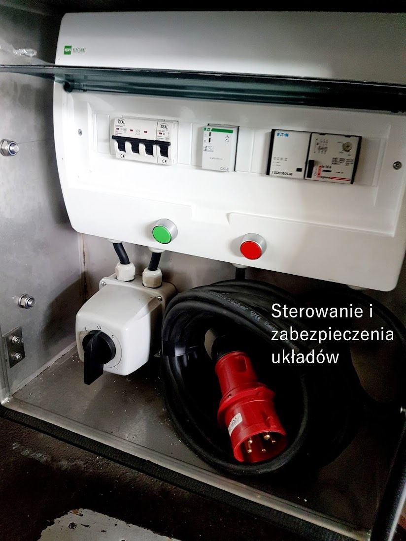 Rozdzielnica elektryczna z wyłącznikami, bezpiecznikami, zielonym i czerwonym przyciskiem, oraz kablem z czerwoną wtyczką.