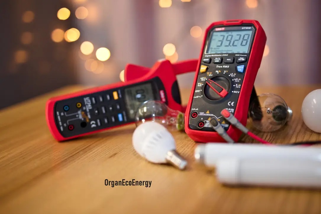 Dwa multimetry elektryczne (cęgowy i cyfrowy) w kolorze czerwonym, leżące na drewnianym blacie obok żarówek LED i świetlówki; w tle rozmyte, dekoracyjne światełka.