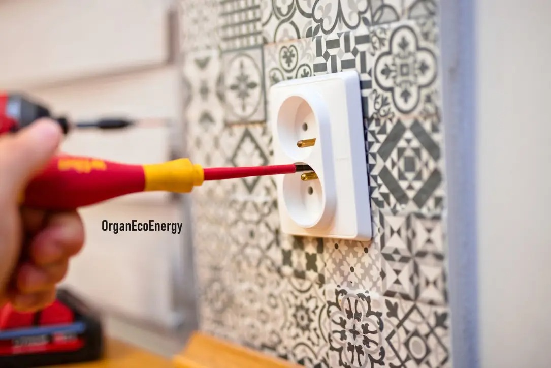 Elektryk w trakcie montażu gniazdka elektrycznego podwójnego na ścianie z dekoracyjnymi płytkami, używa wkrętaka z czerwoną rękojeścią, widoczna bateria wkrętarki.