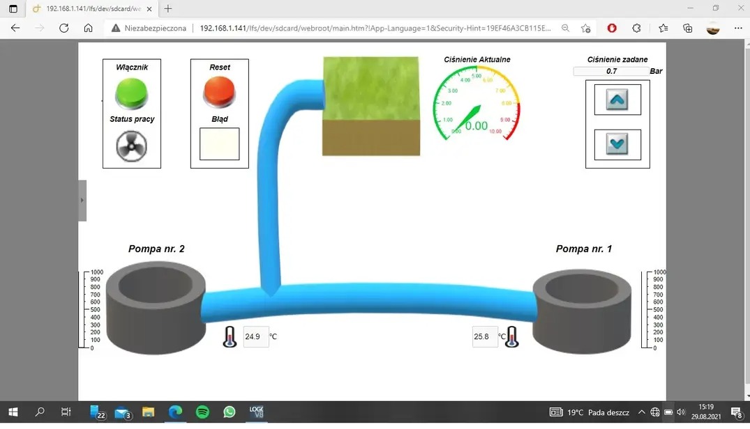 Wizualizacja schematu przepływu wody między dwiema pompami z odczytami temperatury i ciśnienia prezentowana na ekranie komputera.