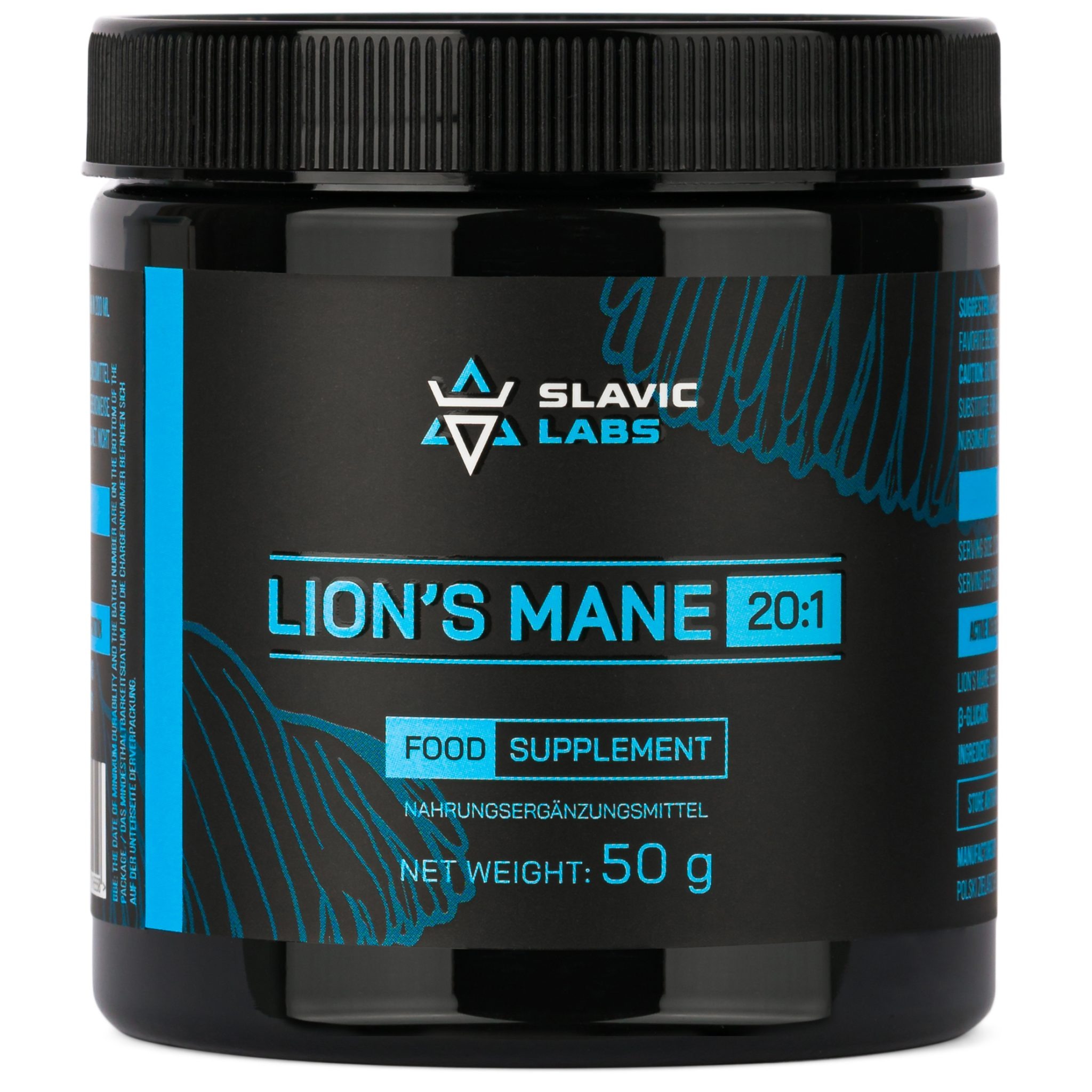 Czarny pojemnik suplementu diety Lion's Mane 20:1 marki Slavic Labs, z wyraźnym, błękitnym nadrukiem na etykiecie, na białym tle. Kadr skupiony na produkcie.