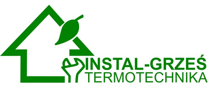Zielone logo firmy Instal-Grześ Termotechnika z motywem domu i liścia, symbolizujące instalacje i ekologiczne rozwiązania grzewcze.