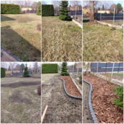 Kompozycja kolażu prezentująca etapy przygotowania terenu pod nasadzenia: od zaniedbanego trawnika, przez wyrównywanie gleby, aż po wyłożenie rabaty korą i obrzeżami.