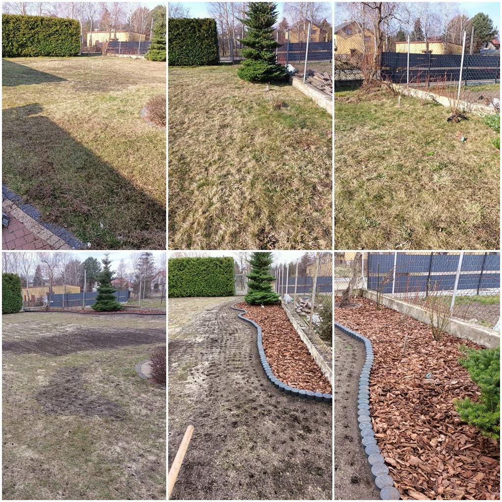 Kompozycja kolażu prezentująca etapy przygotowania terenu pod nasadzenia: od zaniedbanego trawnika, przez wyrównywanie gleby, aż po wyłożenie rabaty korą i obrzeżami.